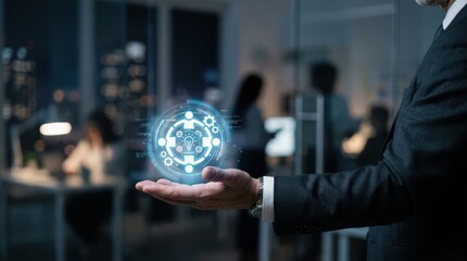 Fototapeta premium Tech innovation concept man holding digital interface with gears and lightbulb