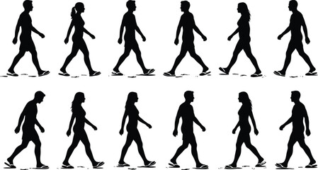 Fototapeta premium Silhouette people walking cycle animation isolated on white background, Vector