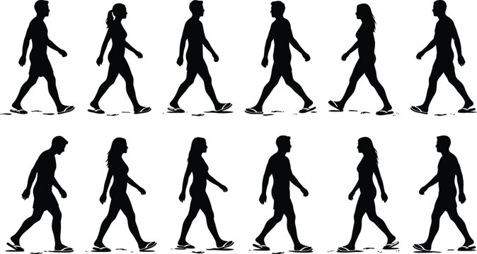 Silhouette people walking cycle animation isolated on white background, Vector