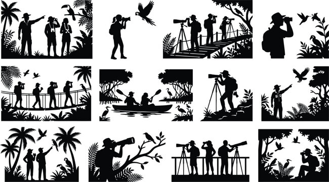 Birdwatchers observing birds in nature isolated on white background, Vector