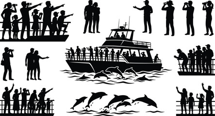 Obraz premium People whale watching from boats and shore isolated on white background, Vector