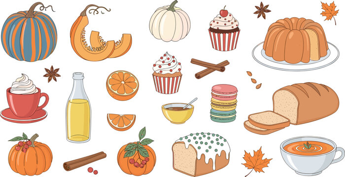 Autumn Harvest Food and Drink Set Featuring Pumpkin Spice Season Desserts Warm Soup and Seasonal Pastries