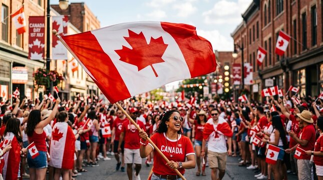 Canada Day Celebration: A vibrant street scene on Canada Day, with a sea of enthusiastic individuals waving Canadian flags and celebrating national pride. The energy is palpable.