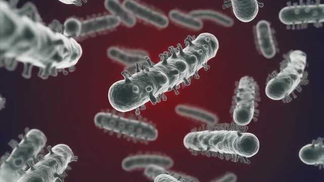 Microscopic view of dangerous viruses, animated microscopic bacteria, pulsating cells, swirling in a dark red environment, symbolizing disease