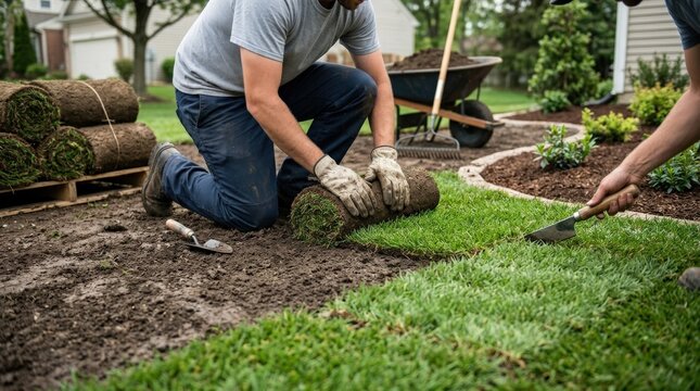 Sod installation on soil, landscaping and outdoor improvement concept for gardening, construction and fresh lawn themes, hands or tools in action, earth textures, neat green finish, soft daylight,