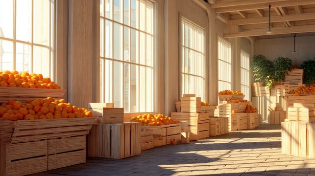 Orange in wooden crate inside warehouse. Fresh fruit harvest storage in light room with window. Agricultural produce distribution center for export. Organic food supply chain industry.