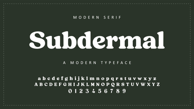 Modern Serif Font, Subdermal Typeface, Alphabet Characters, Numbers, Typography Design
