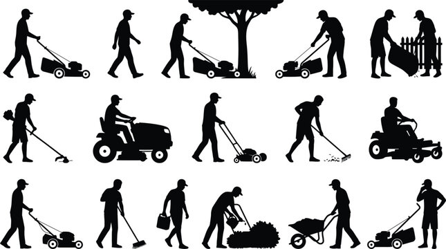 People doing yard work with various tools isolated on white background, Vector
