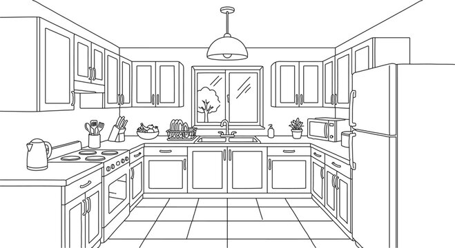 Modern kitchen interior line art vector, minimalist room outline with cabinets and appliances, architectural home design coloring page illustration
