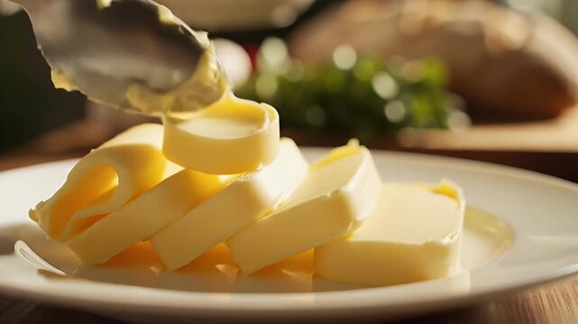 Freshly sliced butter pats neatly arranged on a white plate with a blurred rustic kitchen background