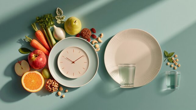 Fresh fruits and nuts surround a clock on a minimalist plate. Glassware sits beside an empty dish, inviting clean living. Soft shadows suggest morning light and calm intention