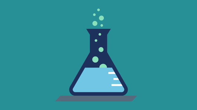 Illustrated laboratory flask with bubbling blue liquid.