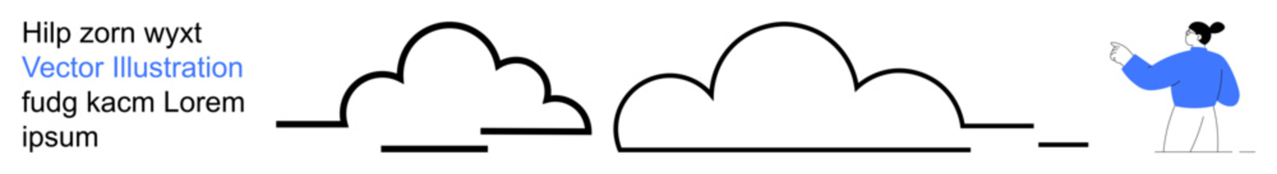 Weather forecasts, digital art, environmental , minimalism, graphic design, education. Two black cloud outlines and a person in a blue jacket pointing. Weather and minimalism concepts