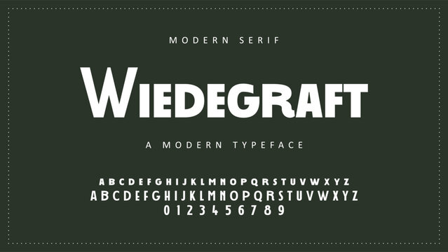 Wiedegraft modern serif typeface, alphabet font set, typography design, modern typography