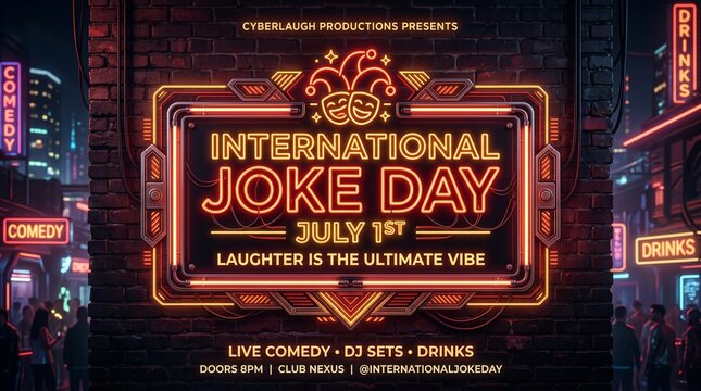 International Joke Day: Vibrant neon lights illuminate a city street, heralding International Joke Day with bold typography against a brick backdrop.