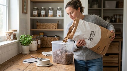 Obraz na płótnie Canvas Refilling pet food container from large bag shows practical feeding routine, home organization, and realistic daily care management for pets in ordinary kitchen setting.