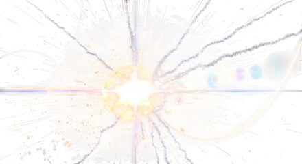 Fototapeta premium A bright central light explosion with radiating white beams, glowing particles, and curved light trails against a solid black background