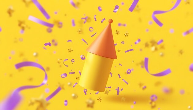 Party popper with colorful confetti and purple streamers on a bright yellow background