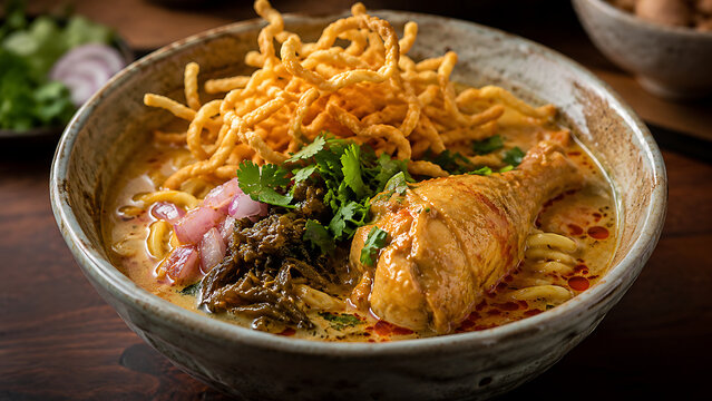 Authentic Northern Thai Khao Soi Curry Noodle Soup with Chicken Drumstick and Crispy Fried Noodles in a Rustic Bowl