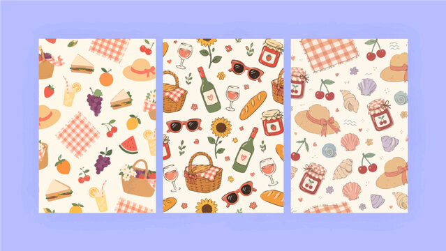 cute picnic seamless pattern collection with food basket snacks and summer outdoor elements