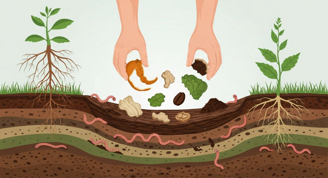 Sustainable Composting Illustration with Hands Dropping Organic Food Scraps into Soil Pit with Earthworms, Plant Roots, and Nutrient Layers for Eco-Friendly Gardening and Soil Enrichment