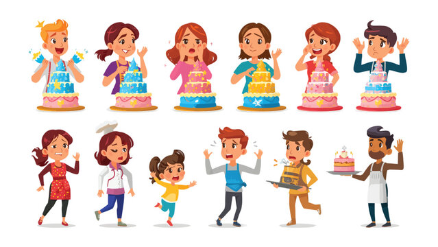 Celebration Cake Fun: A diverse group of children and adults react with delight, surprise, and anticipation to beautifully decorated celebration cakes, capturing the joyous spirit of a party.