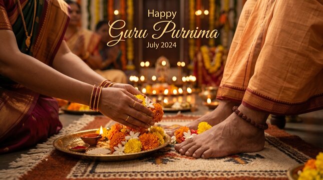 Guru Purnima Celebration: A devotee performs the rituals on Guru Purnima, offering flowers and respect to the Guru, symbolizing the sacred bond between teacher and disciple. 