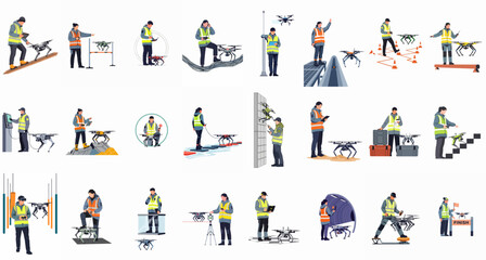 Fototapeta premium Set of illustrations showing professional drone operators and technicians controlling UAVs and quadruped robots for industrial inspection, surveying, and logistics tasks.
