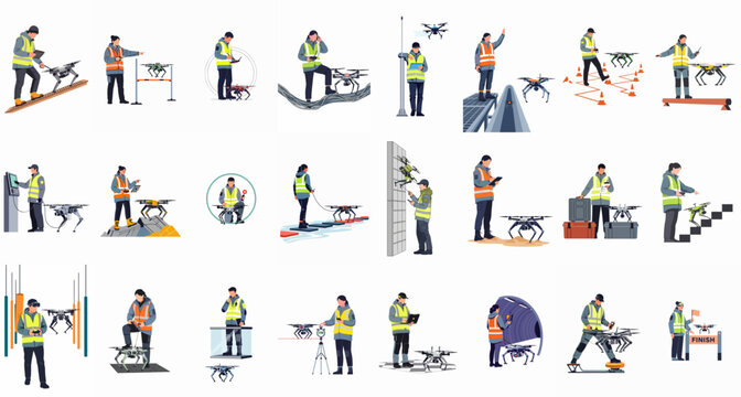 Set of illustrations showing professional drone operators and technicians controlling UAVs and quadruped robots for industrial inspection, surveying, and logistics tasks.