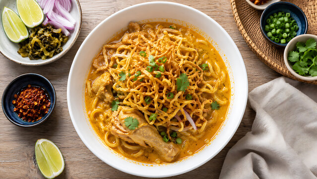 Authentic Northern Thai Khao Soi Chicken Curry Noodle Soup served with Crispy Noodles and Traditional Condiments