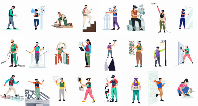 Flat vector illustration set of people using virtual reality headsets and haptic technology for professional training, simulations, and diverse industry applications.