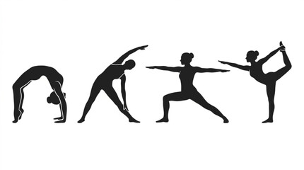 Fototapeta premium Silhouette of four people performing various yoga poses, demonstrating flexibility and balance