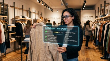 Fototapeta premium Woman in a sustainable fashion store checking product information on a digital screen, conscious retail and ethical shopping experience for eco-friendly lifestyle in modern city.