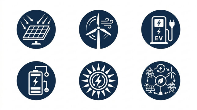 Sustainable energy solution icons solar, wind, electric vehicle charging, battery storage, smart grid technology for a green future