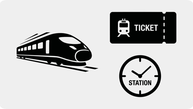 Minimal flat vector railway icons showing high speed train, ticket, and station clock symbol. Great for public transport apps, train schedule UI, travel booking, and transit infographic.