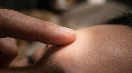 Naklejka premium Close-up of a human finger touching forehead skin