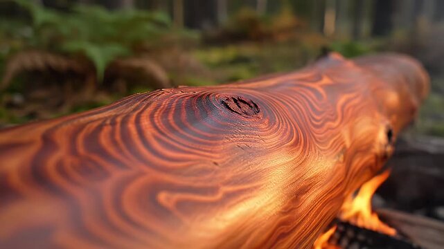 Intense close-up of a glowing wooden log with rippling growth rings in a fire