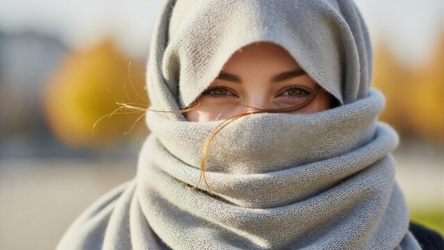 Mysterious woman with green eyes looking at camera. Close-up portrait with her face hidden by warm gray knitted scarf in autumn