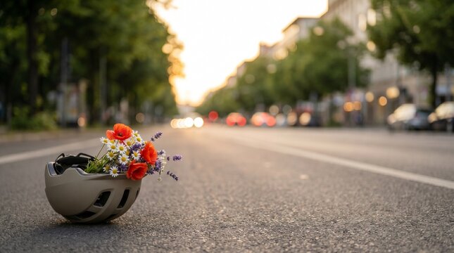Flower-filled bicycle helmet placed on empty city street at sunset  