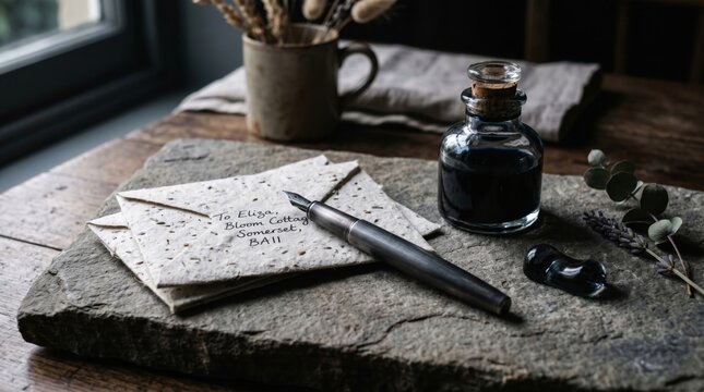 Traditional writing tools with a fountain pen and wax seal on a stone desk, sustainable stationery and authentic communication for conscious lifestyle and creative planning work.