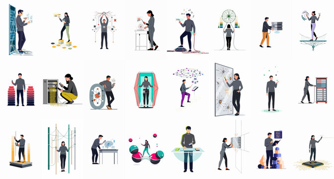 Conceptual flat illustrations set showing diverse professionals interacting with advanced technology, data centers, artificial intelligence systems, and complex digital networks.
