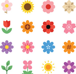 Naklejka premium Colorful Flower Icon Set Featuring Sunflower, Tulip, and Various Floral Designs for Digital Art, Websites, and Graphic Projects