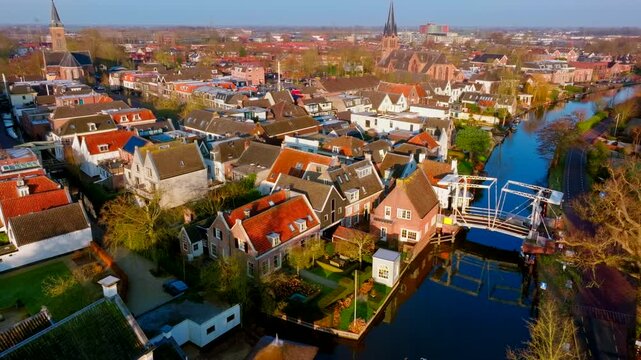 Breukelen Historic Bridge and Canal Houses Aerial View in 4K