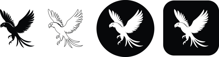 Flying parrot set silhouette and outline variations on white and black backgrounds © SilhouetteStore