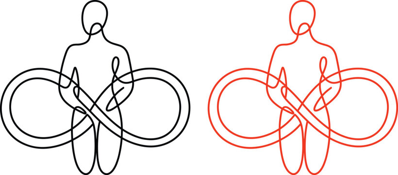 Continuous line human figures intertwined with infinity symbols in black and red
