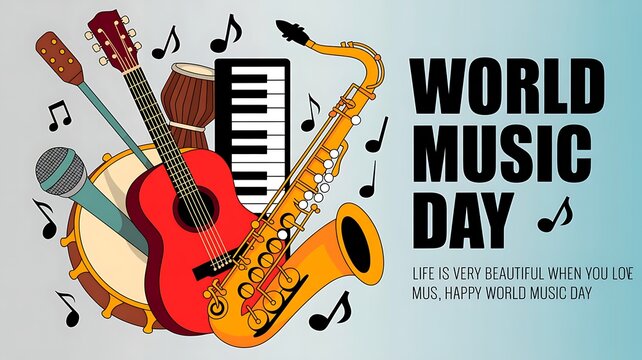 Harmonious World Music Day: A vibrant ensemble of musical instruments, a saxophone, and a guitar, surrounded by musical notes celebrating the joy and beauty of world music.