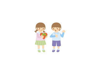 Obraz premium バレンタインにチョコレートを渡す女の子と照れる男の子