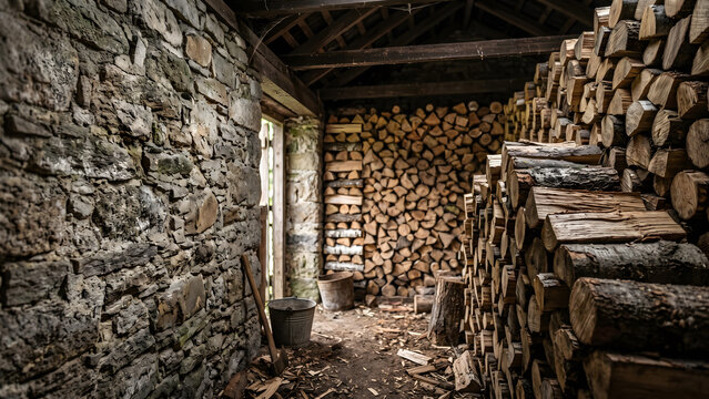 Massive stack of firewood inside an old stone barn or shed