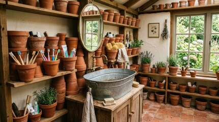 Fototapeta premium Rustic greenhouse bathroom with terracotta pots and vintage sink