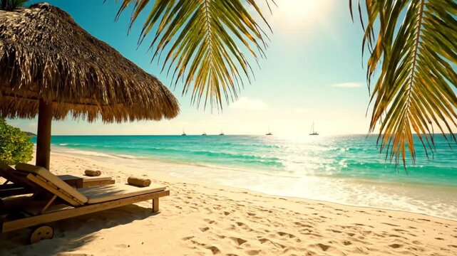 Tranquil beach scene with thatched umbrella, lounge chairs, and sailboats under a clear sunny sky